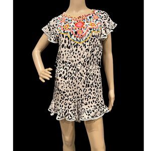 SAVANNA JANE Pink Animal Leopard Print & Embroidered Floral Romper Sz M